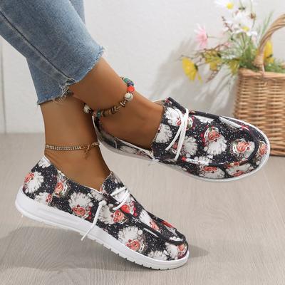 Christmas Women's Canvas Shoes Spring and Autumn New Casual Daily Ladies Flat Shoes Round Toe Multi-Color Print Lace-up Sneakers