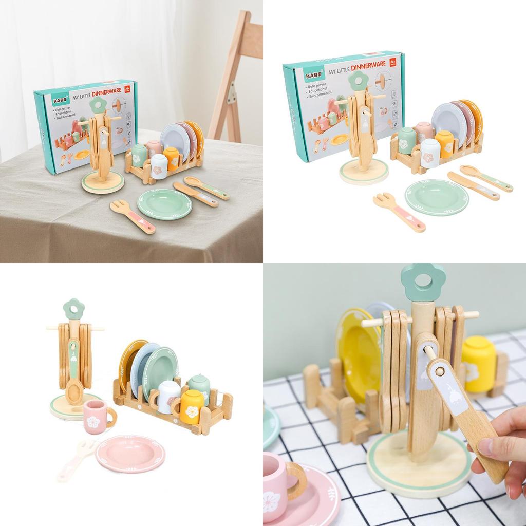 Cooking Pretend Kids Set With Wooden Kitchen Utensils Tableware For Learning