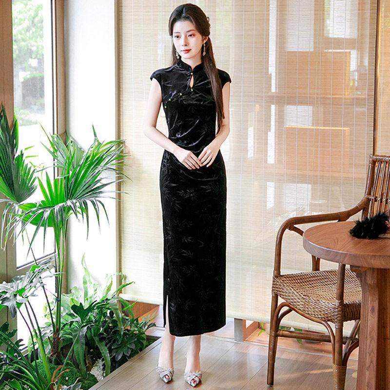Black Velvet Modern Chinese-Inspired Long Dress With Mandarin Collar Women 2026 Elegant Formal Wear Small