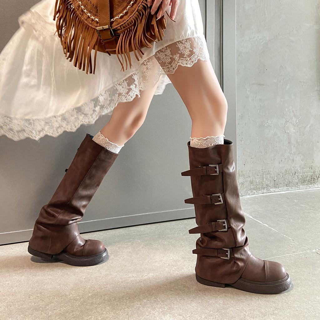 Boots Women's Coarse Heel Pants Boots British Vintage Knight Boots Fried Street Spice Girl Skinny Wasteland Wind Belt Buckle Boots