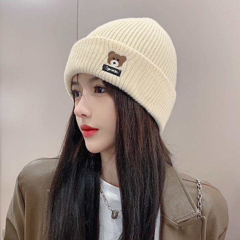 Knitted Hat for Autumn and Winter, Unisex, Warm and Versatile, Korean Style Cute Bear Design, Fleece-lined, Ear-protecting, Casual and Fashionable