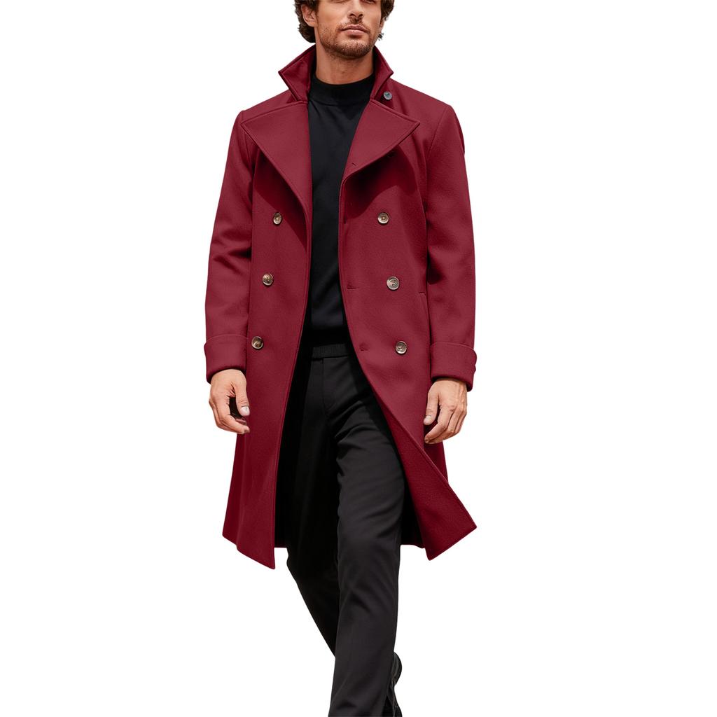 Men's British Solid Color Long Coat Fashionable Warm Woolen Overcoat