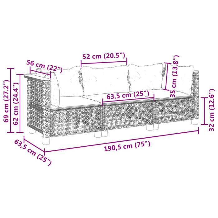 VidaXL Canapé de jardin avec coussins 3 places gris résine tressée, canapé d'extérieur, siège de jardin, canapé de jardin 365939