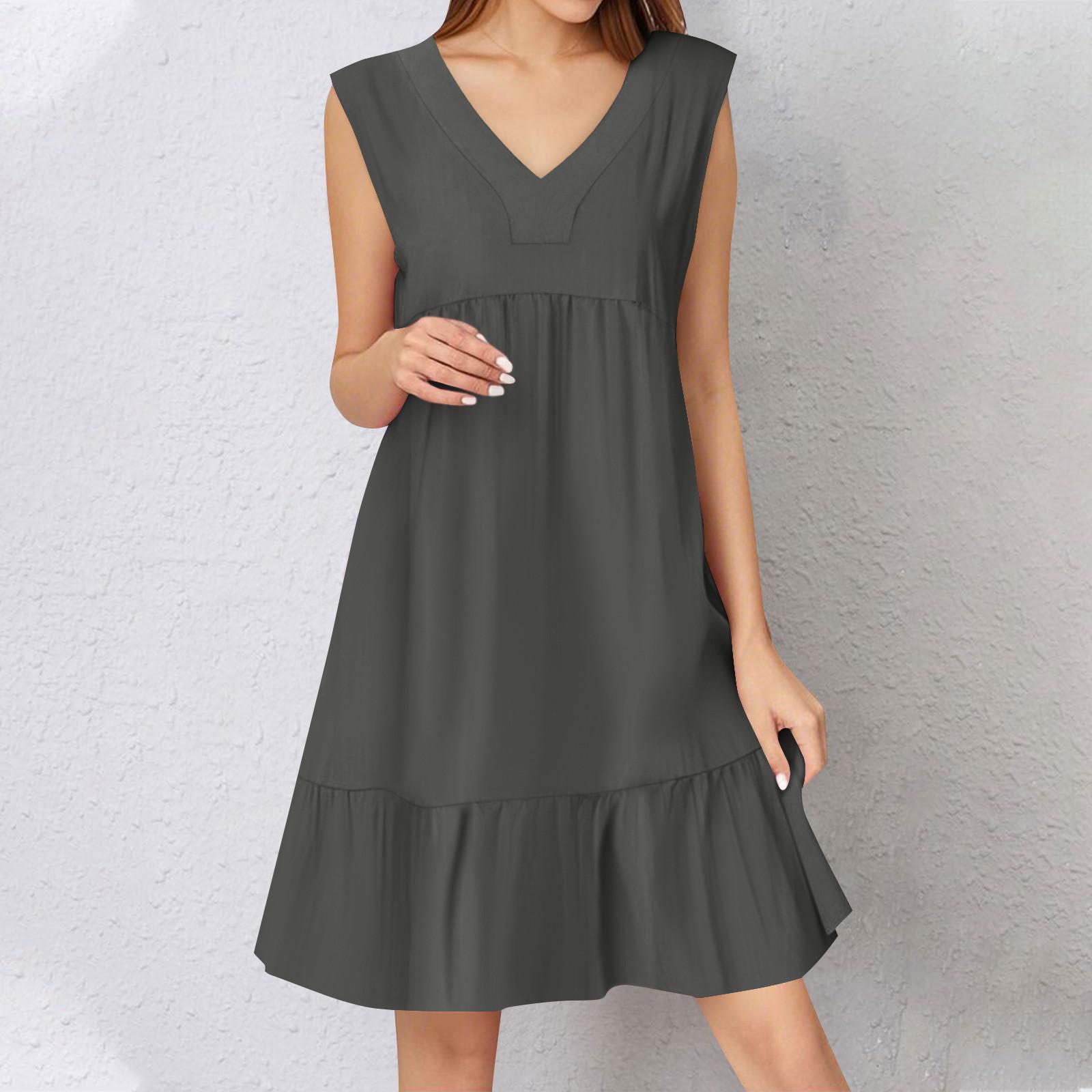 

Женское летнее платье без рукавов с V-образным вырезом, короткие платья, модное повседневное струящееся бохо-платье с оборками, А-силуэт, свободное платье-халат S