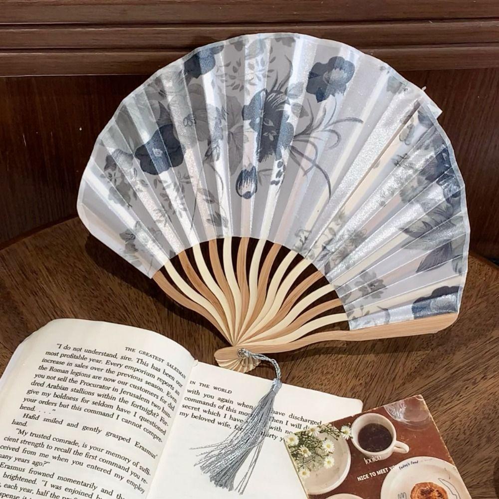 Woman Men Silk Flower Folding Fan Portable Retro Shell Fan Hand Fold Fan Living Room Cabinet Decor