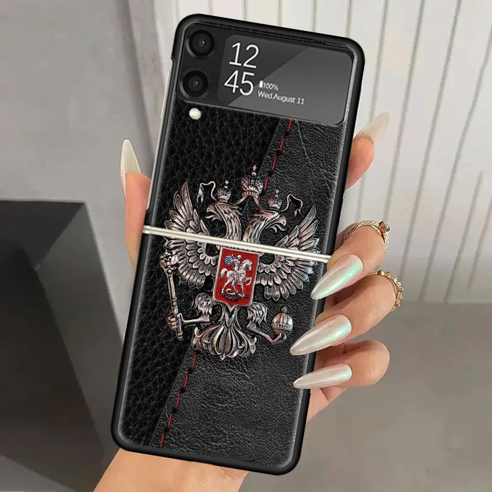 Russia Russian Flags Emblem Hard PC Phone Case For Samsung Galaxy Z Flip 7 6 5 4 3 Black ZFlip7 ZFlip6 Flip5 Flip4 Flip3 5G Prin