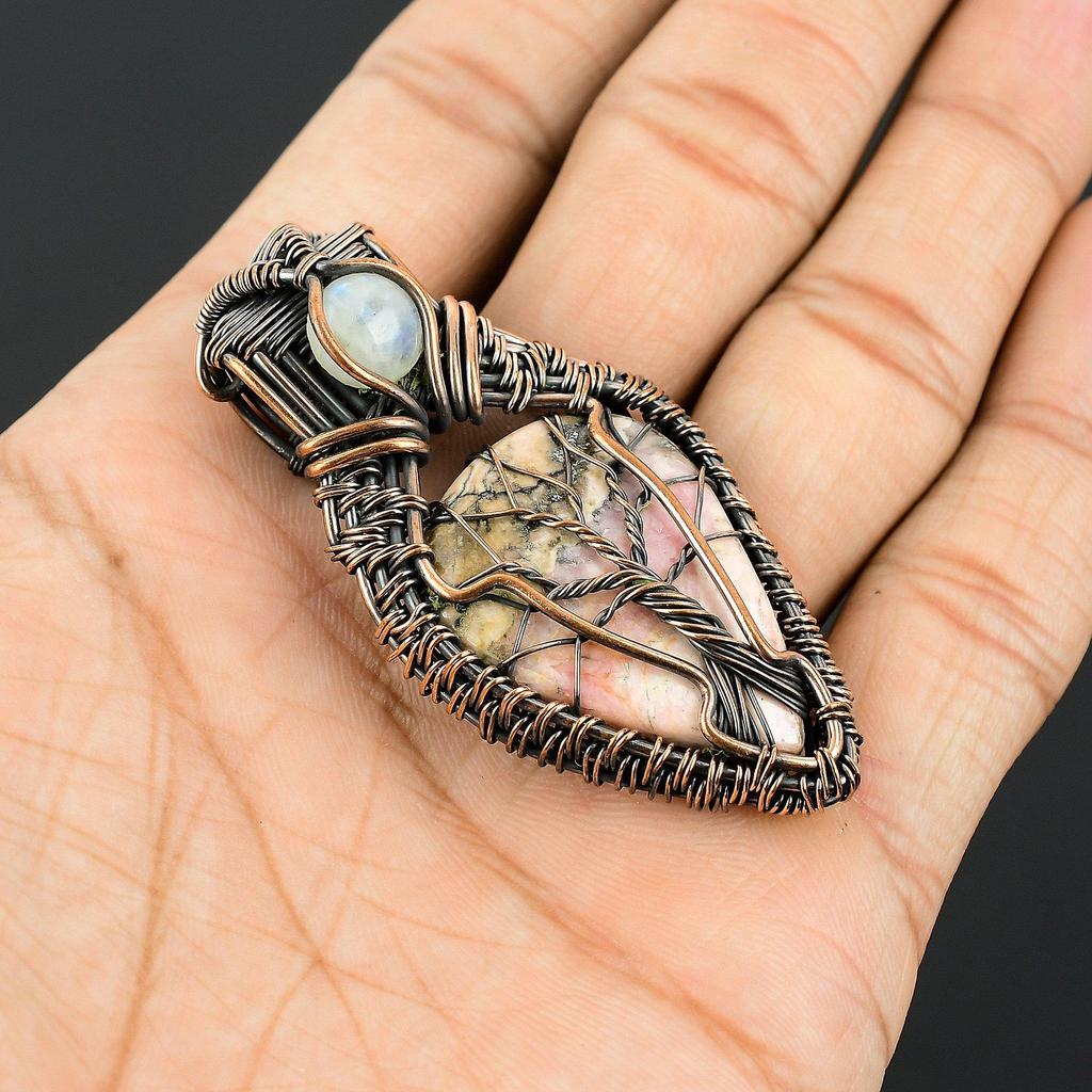 Crzay Lace Agate & Rainbow Moonstone 999 Copper Wire Wrapped Pendant Handmade Gemstone Jewelry, Gifts For Wife Brand New Pendant