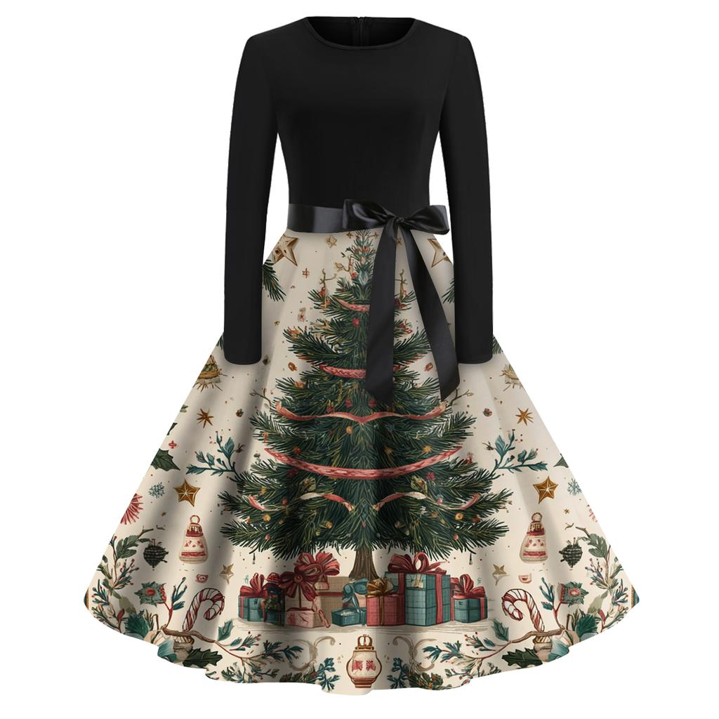 Rochie de damă la modă, rotundă, casual, slim fit, cu imprimeu de Crăciun, croială largă, cu mâneci lungi