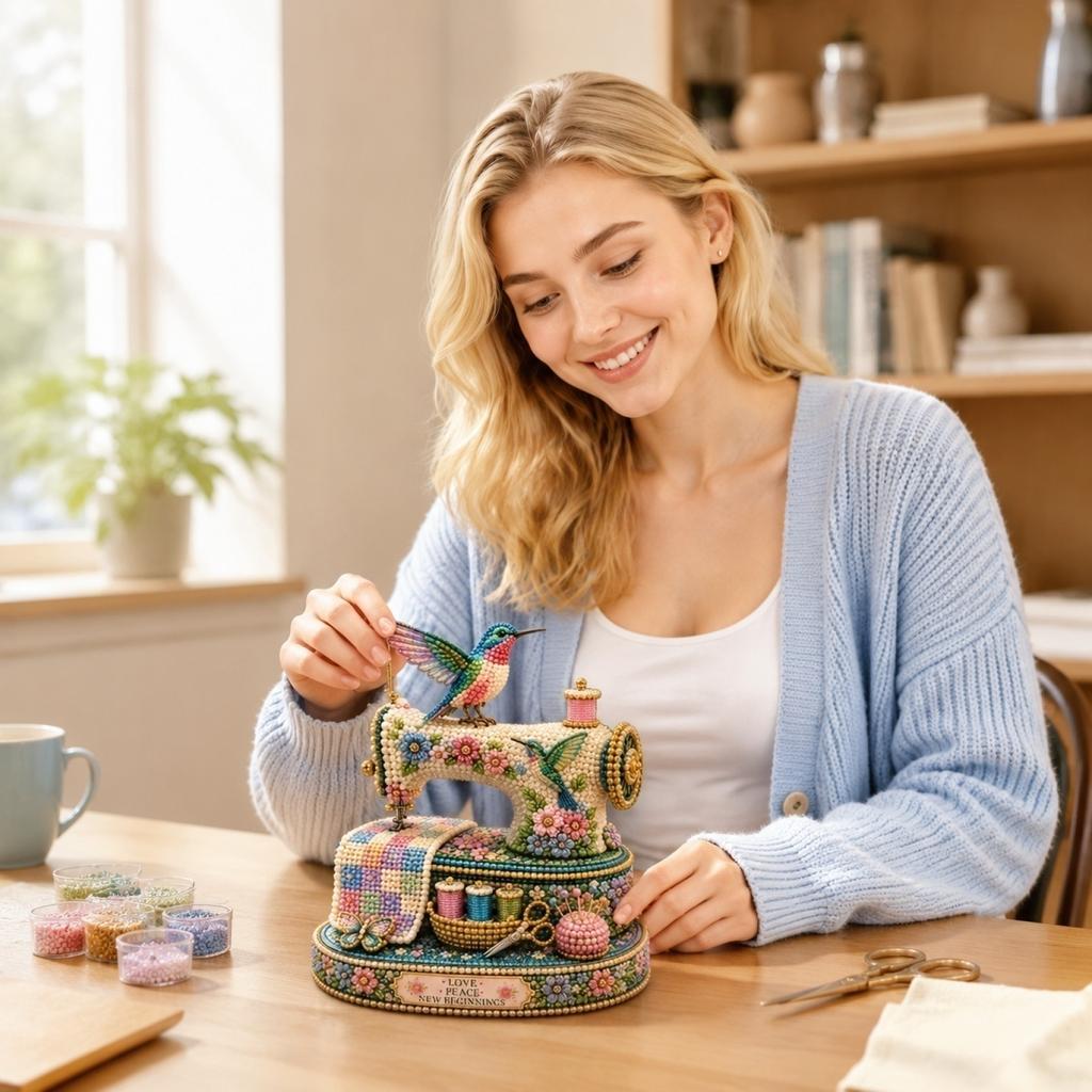 Spring Hummingbird Sewing Machine DIY Bead Kit for Beginners Complete Craft Set with Sewing Accessories and Decorative Elements for Room Display