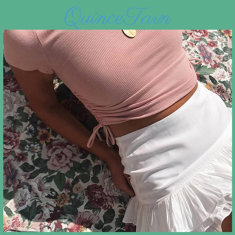 Tie Side Drawstring Sexy Up Ruched Tank Tops Women Solid Color Slim Crop Top Ladies Streetwear Ribbed Knitted Tees