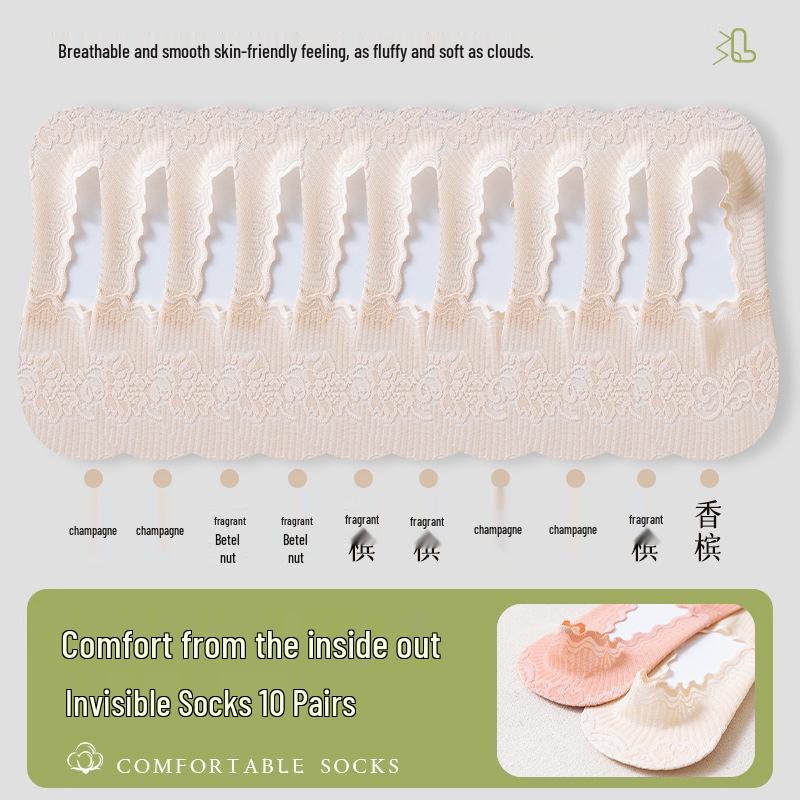 Women's Low-Cut Lace Boat Socks - Pure Cotton, Non-Slip, Breathable, Summer Thin, No-Slip Heel, Short Style.