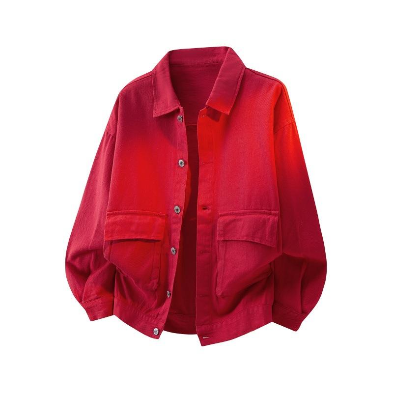 Solid Color Men's Red Denim Jacket ComfortableButton Down Utility Coat with Big Pockets