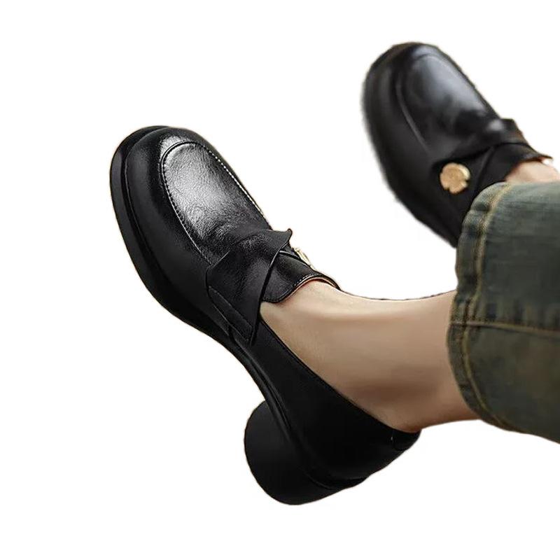 2025 spring and autumn British style soft leather high heel platform loafers women's single shoes thick heel retro brown small leather shoes