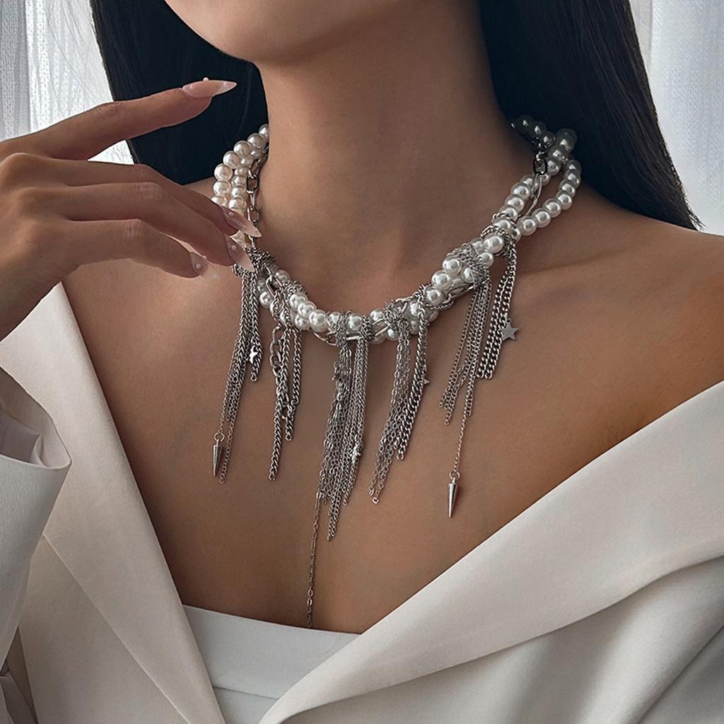 Multilayer Vintage Star Heart Tassels Pendant Necklace Beads Chain Necklace Elegant Necklace Suitable for Party Daily