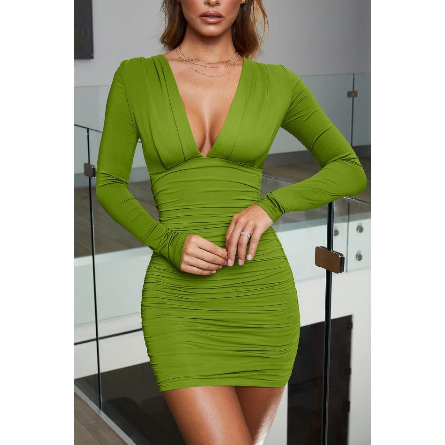 Women's V-neck Sexy Long Sleeved Dress Elegant OfficeSolid Color High Waist Hip Hugging Short Casual Dresses