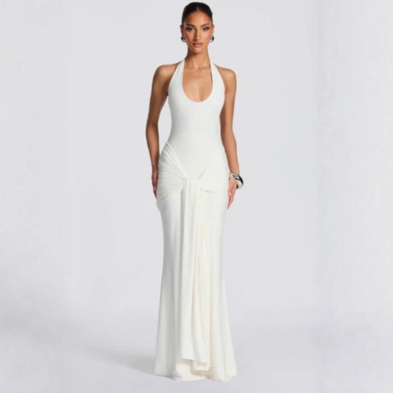 

European Style Women s U-neck Ribbon Spliced Camisole Dress - Slim Fit and Hip-hugging Halter Design Medium білий