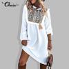 Celmia Spring Autumn Women's Fashion Lace Printed Midi Dress Ruffle Long Sleeve Lace-up Casual Loose Short Dresses Vestidos Plus Size