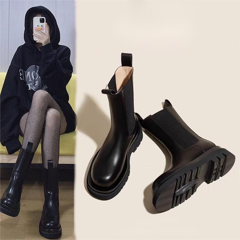 Boty Pro Ženy Chelsea Obuv Platforma Polovysoké Dámské Kozačky Středně Vysoké Lýtko Elastické Bikerské Vodotěsné 2024 Nová Stylová Nabídka