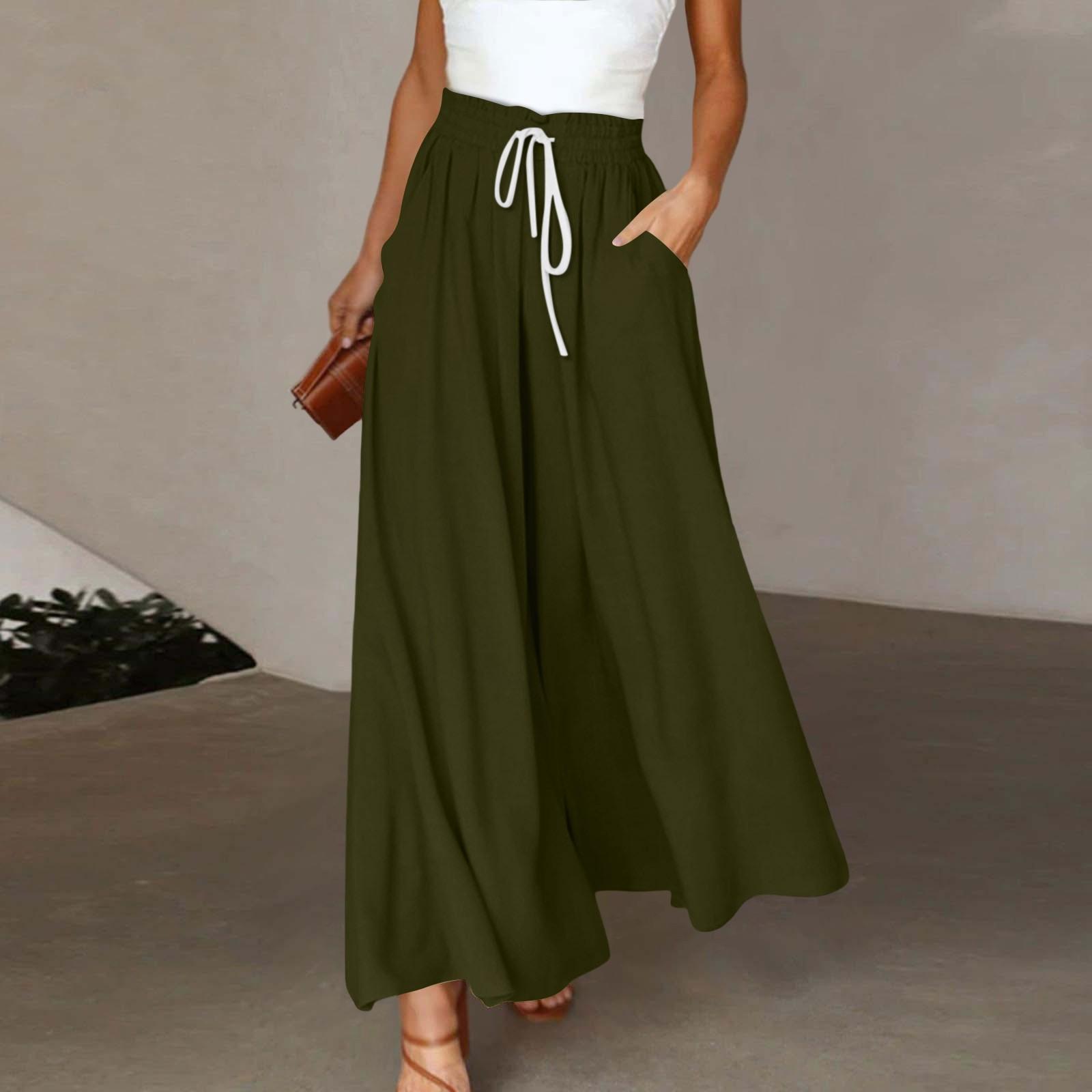 

Женские широкие брюки с высокой талией, летние повседневные свободные брюки с карманами, пляжные брюки с принтом XXL темно-зеленого