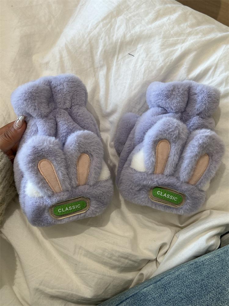 New warm and cold-proof cute rabbit flip open finger gloves female cartoon cute plush sleeves