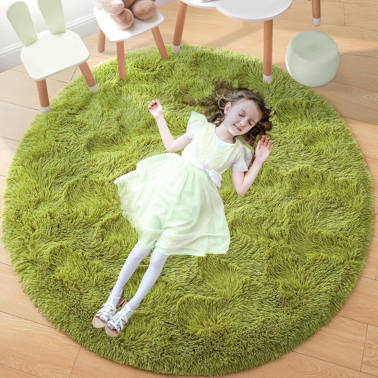 Fluffy Round Rug Black Rug for Bedroomfuzzy Kids Room Carpet Shaggy Living Room Sofa Area Rug Soft Nursery Floor Mat Home Decor Diameter 60cm зелёный