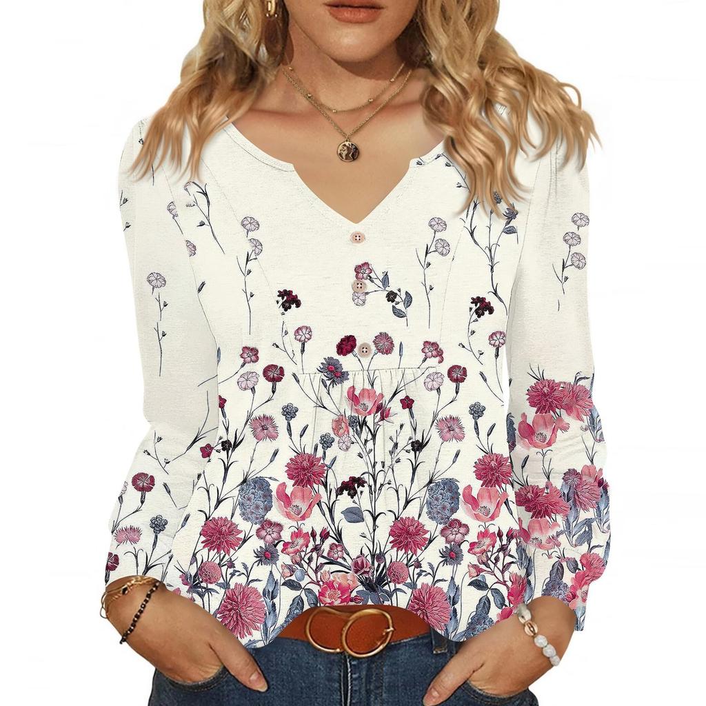 Women's Fashionable Casual V-neck Blouse Button Long-sleeved Pullover T-shirt Top