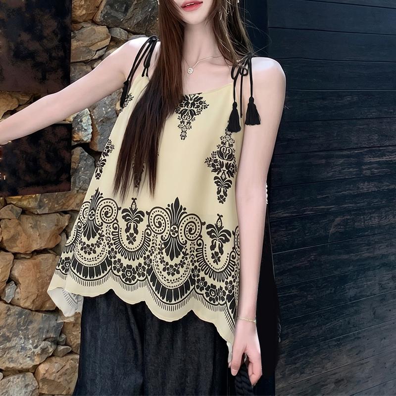 ZANZEA Women Elegant Lace-up Straps Sleeveless Print Vest Tops M хаки