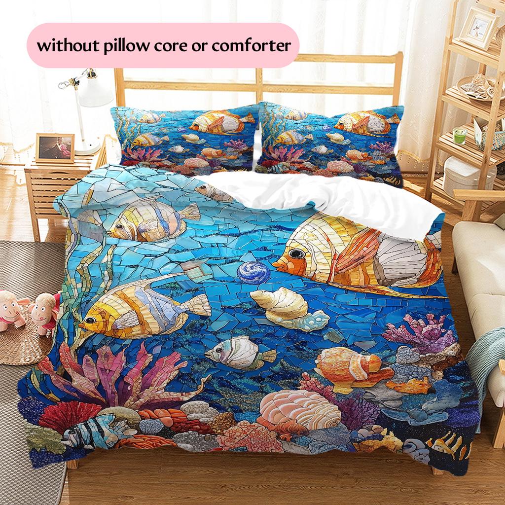 Ocean Fish Pattern Bedding Quilt Set Home Decoration Gift (1 * Duvet Cover + 2 * Pillowcase Without Core)