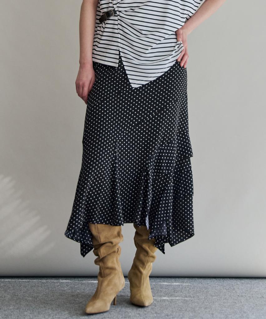Maja Asymmetrical Ruffle Dot Flare Long Skirt