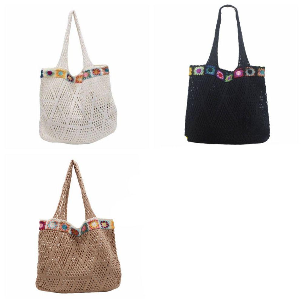 Fashion Flower Knitting Shoulder Bag Large Capacity Hollow Crochet Tote Bag Solid Color Shopping Bag Woven Handbag Female