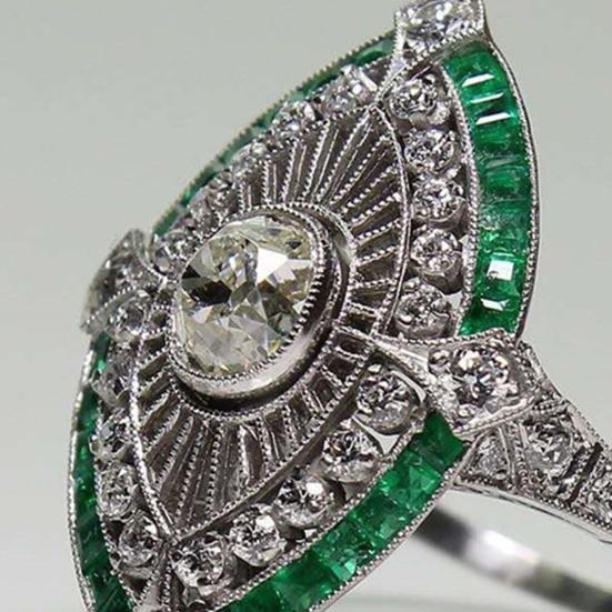 Yousheng Women Ring Shiny Rhinestone Inlaid Two-tone Geometry Electroplating Art Deco Gift Natural Emerald Faux Gemstone Engagement Wedding Ring for