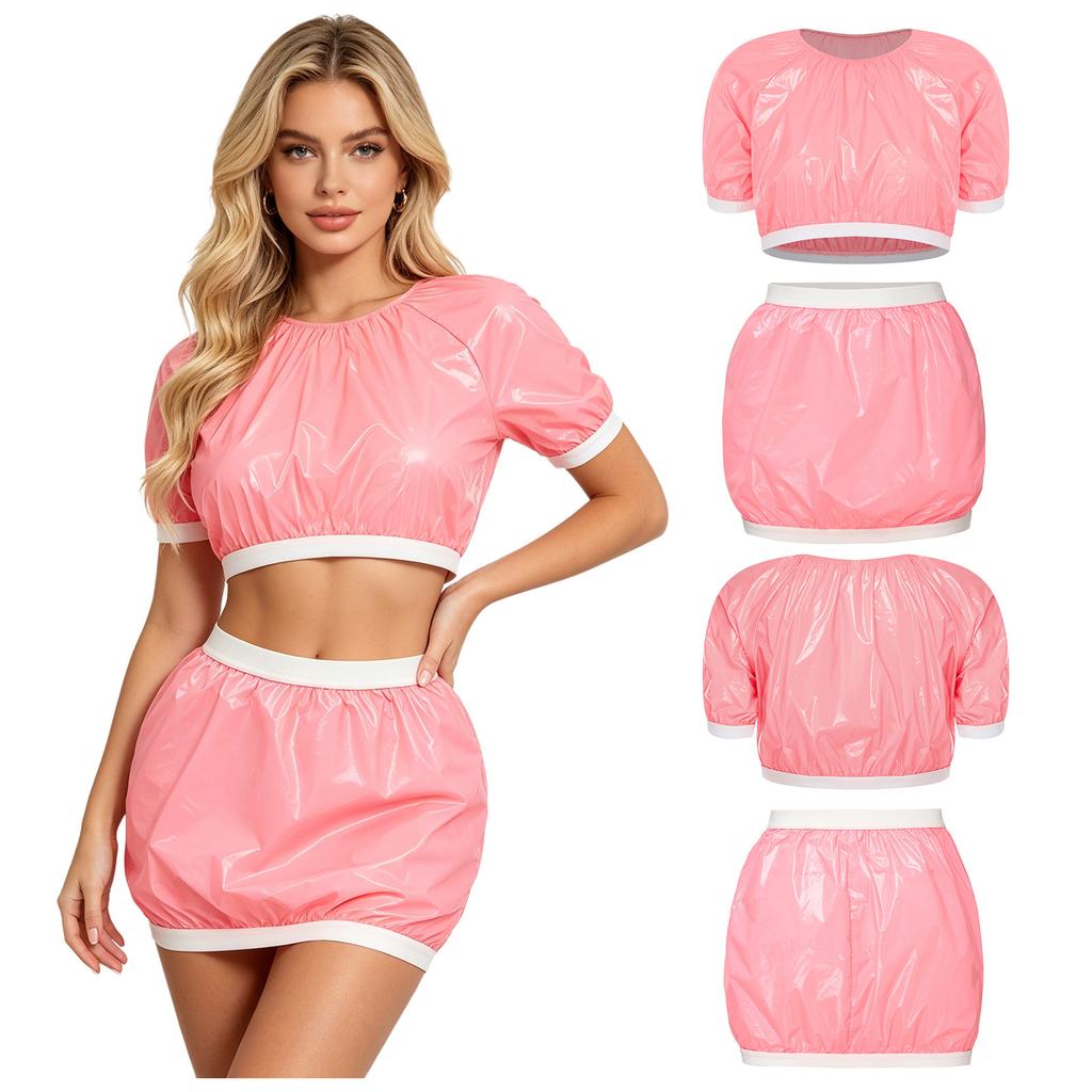 Women Waterproof Vinyl 2-Piece S-3XL Crop Top and PVC Mini Skirt Swimsuit Cover Up Adaptive Swimwear for Beach Pool