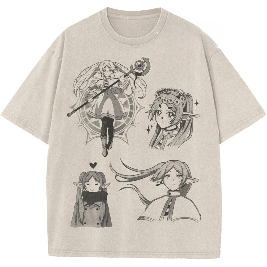 

Frieren Printed Tee Anime Frieren Beyond Journeys End Tshirt Men Women Retro Washed Tshirts Harajuku Male Loose Cotton T Shirt S