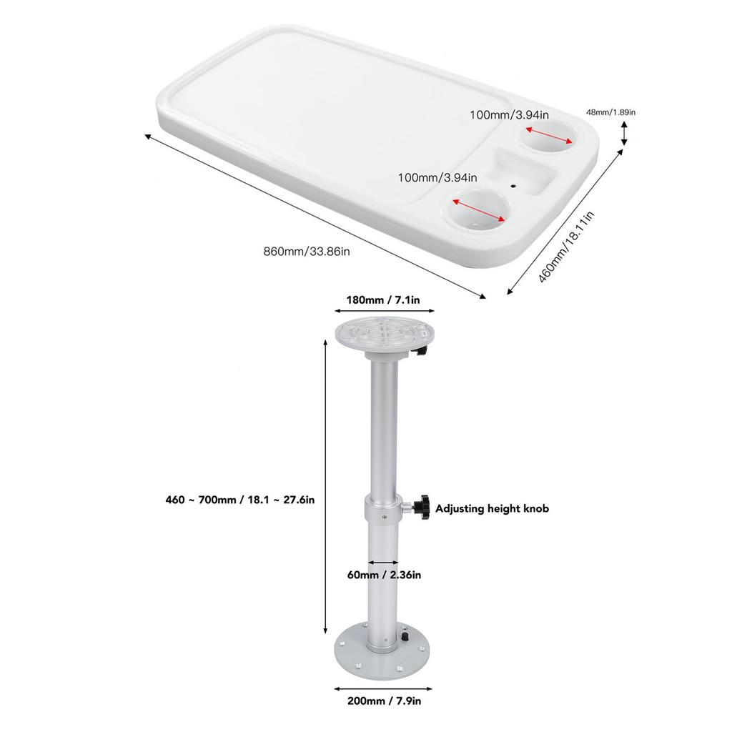 Wohnmobiltisch 460–700 mm höhenverstellbar, abnehmbares Bootstisch- und Basis-Set mit 2 Getränkehaltern für Wohnwagen, Yacht, Ponton, Deck