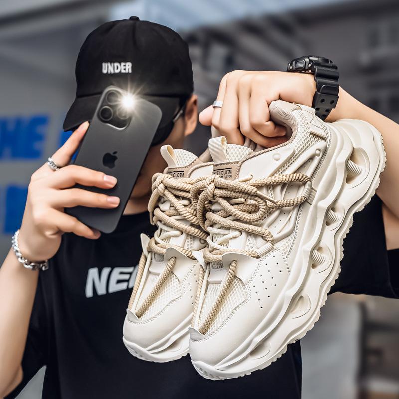Men's shoes 2025 spring new mesh breathable lace-up casual sports shoes youth thick-soled heightening dad trendy shoes