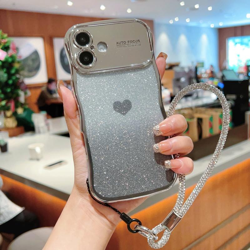 

For iPhone 16 Case with Strap Electroplating TPU Phone Cover Love Heart Gradient Glitter Silver