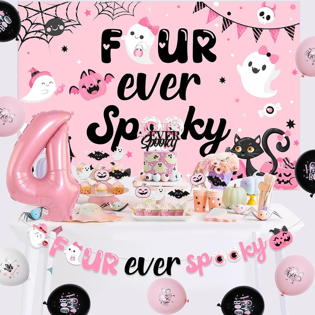 Halloween 4th Birthday Party Decoration for Girl Four Ever Spooky Birthday Backdrop Pink Four Ever Spooky Cake Cupcake Toppers Banner Number 4 Foil