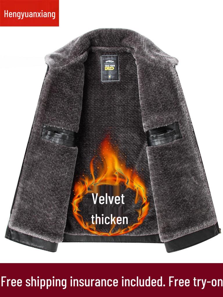 Men's Genuine Sheepskin Leather Jacket - Warm, Thickened, Stylish Outerwear for Middle-Aged and Elderly Men