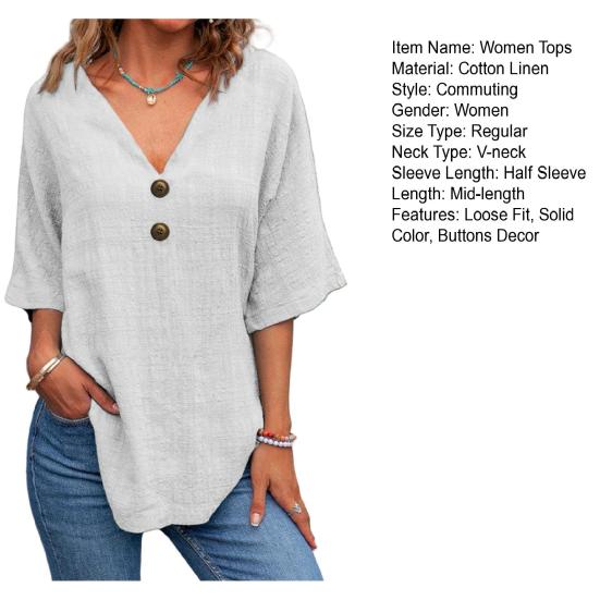 Top Estivi da Donna Scollo a V Manica a Tre Quarti Casual T-Shirt Tinta Unita Decorazione Bottoni Vestibilità Ampia Lunghezza Media Blusa
