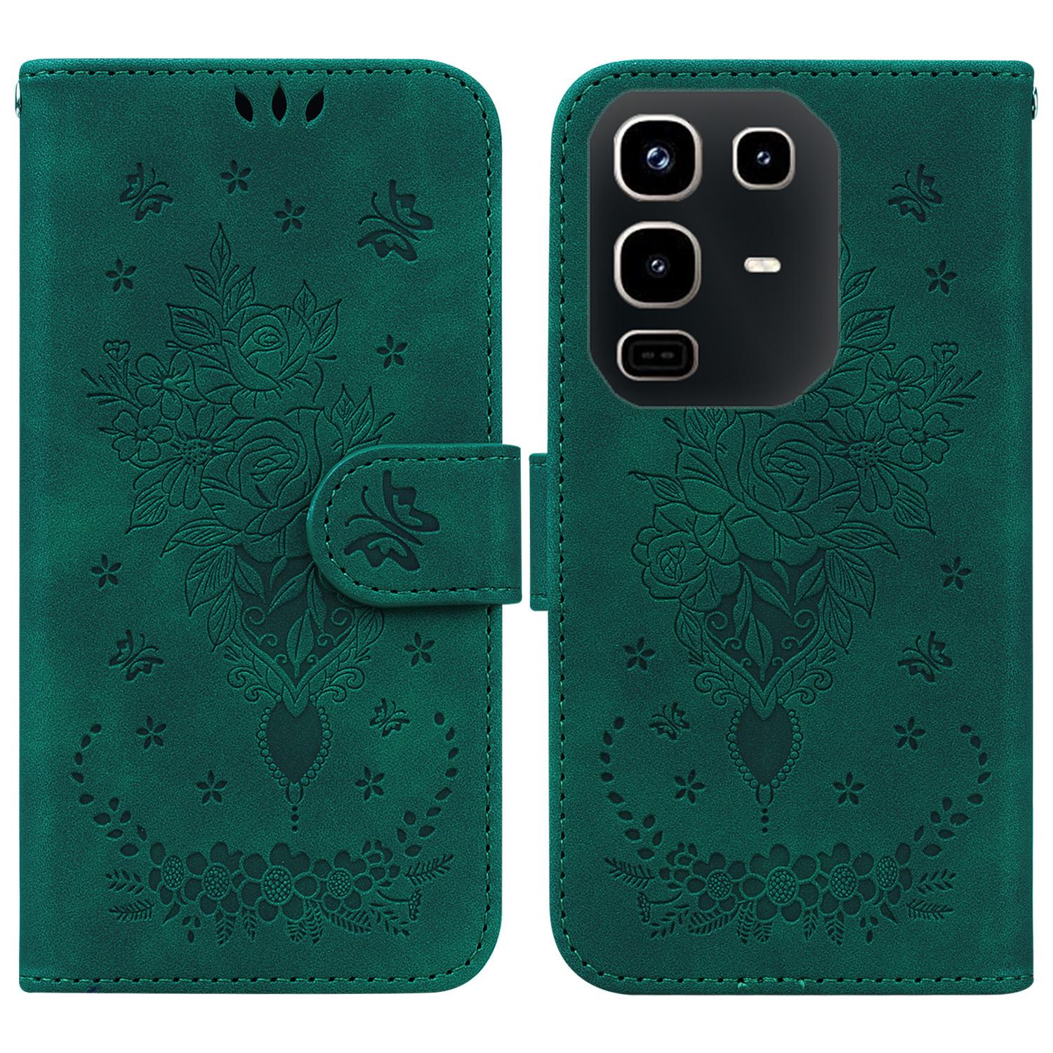 

For Infinix Note 50 Pro 4G/Note 50 4G Case Butterfly Flower Imprint PU Leather Wallet Phone Cover with Strap Green