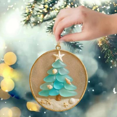 Yousheng Ocean-Inspired Christmas Ornament Sea Glass Shell Resin Tree with Starfish Topper Coastal Christmas Hanging Decoration for Tree Car Mirror