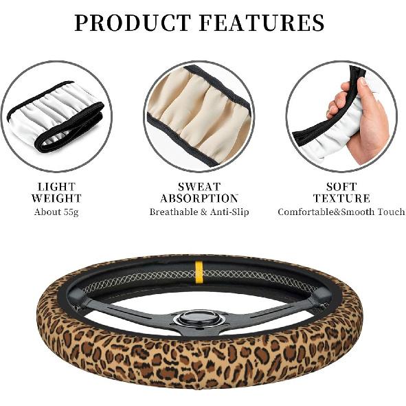 Leopard Steering Wheel Cover Anti-Slip And Practical 14.5-15 Inch Universal Car Steering Wheel Cover With 2 Pieces Car Coasters Suitable For Men