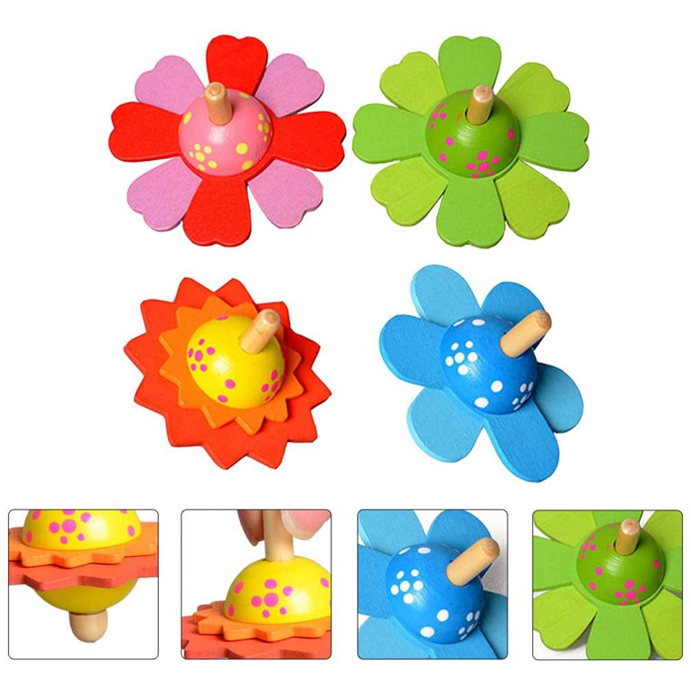 4 Pcs Colourful Flower Spinning Top for Kids Novelty Wooden Spinning Top Childern Gift