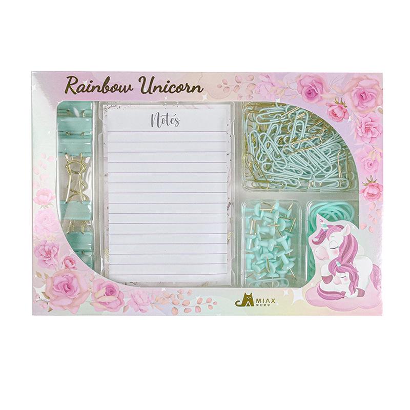Macaroon-Color Stationery Set: Paper Clips, Stapler, Rubber Bands, Lined Notebooks, Thumbtacks, Push Pins, and Binder Clips.