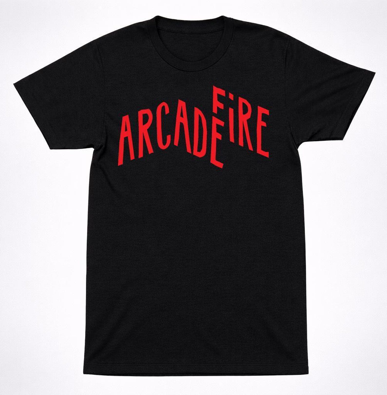 Arcade Fire Graphic Tee: Arched Red Text Logo (Unisex Black Shirt) S