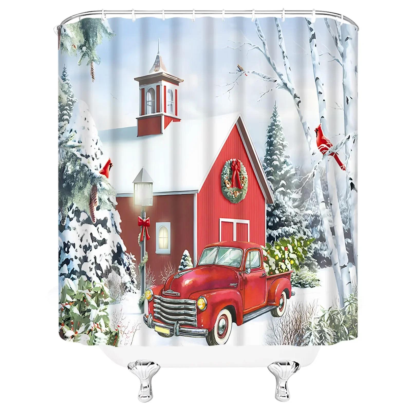 

Рождественская шторка для душа Зимний снеговик снежинка красная птица рождественская елка лось рождественский шар ферма лес, декор для ванной 200X140CM-78.74X55.1