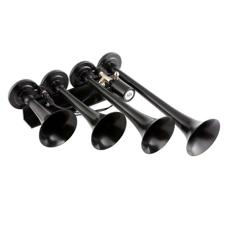 Bocina de Aire para Coche Súper Ruidosa de 135db y 12V con 4 Tubos Trompeta para Camión/Tren/Barco (Negro / plata)