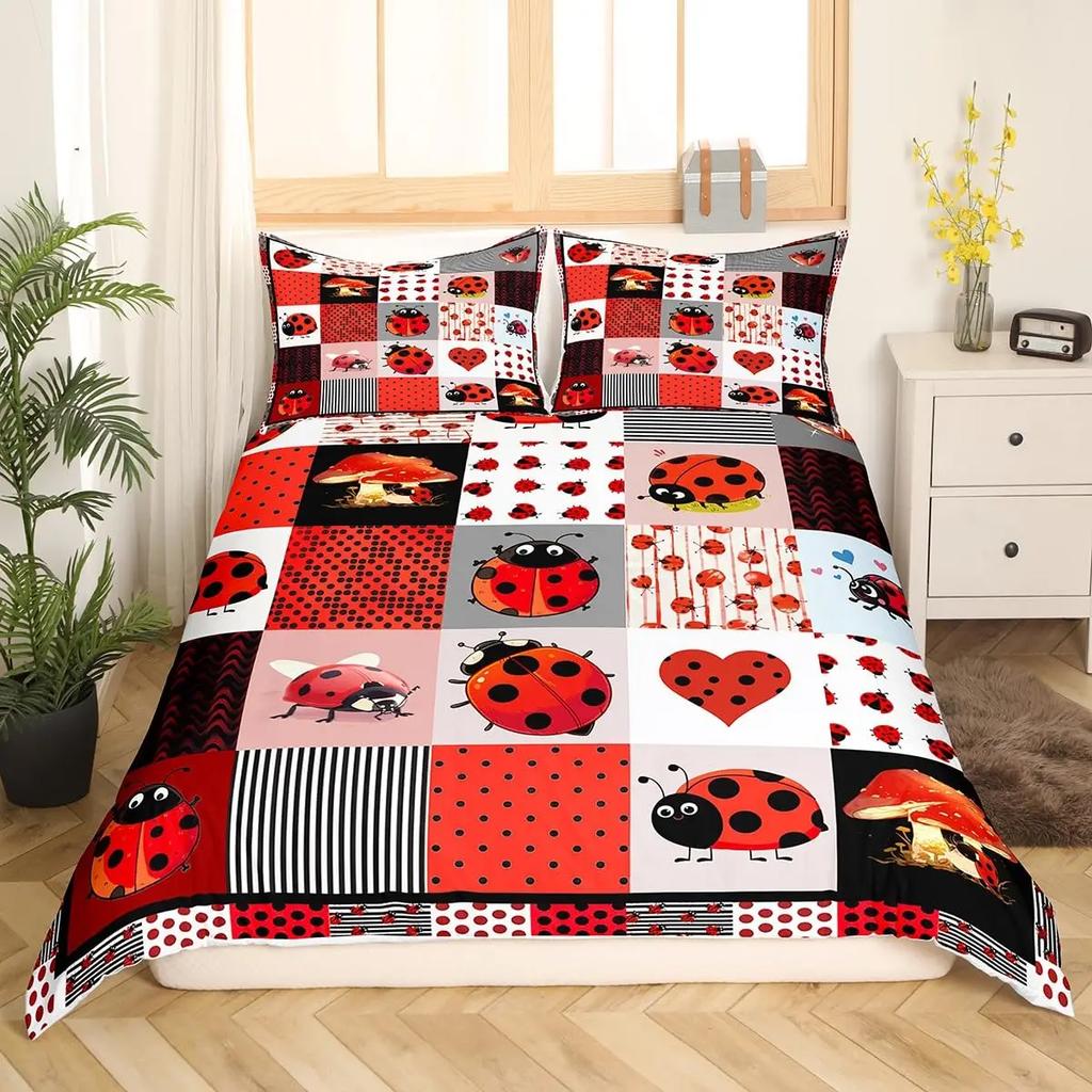 Ladybug Duvet Cover Set Cute Bug Bedding Set Twin Size for Kids Boys Bedroom Red Floral and Insect Adults Queen Duvet Cover Sets