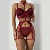 Hot Erotic Lingerie Set Women Lace Mesh See Through Hollow Out Garters Thong Push Up Bra Set Sex Erotic Costume Underwear Set