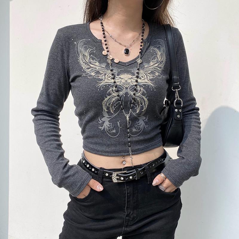 Y2k Fairy Grunge Diamonds Graphic Print Crop Top Autumn Long Sleeve Slim Fit Pullovers Tees Women Vintage White Crop Top Clothes